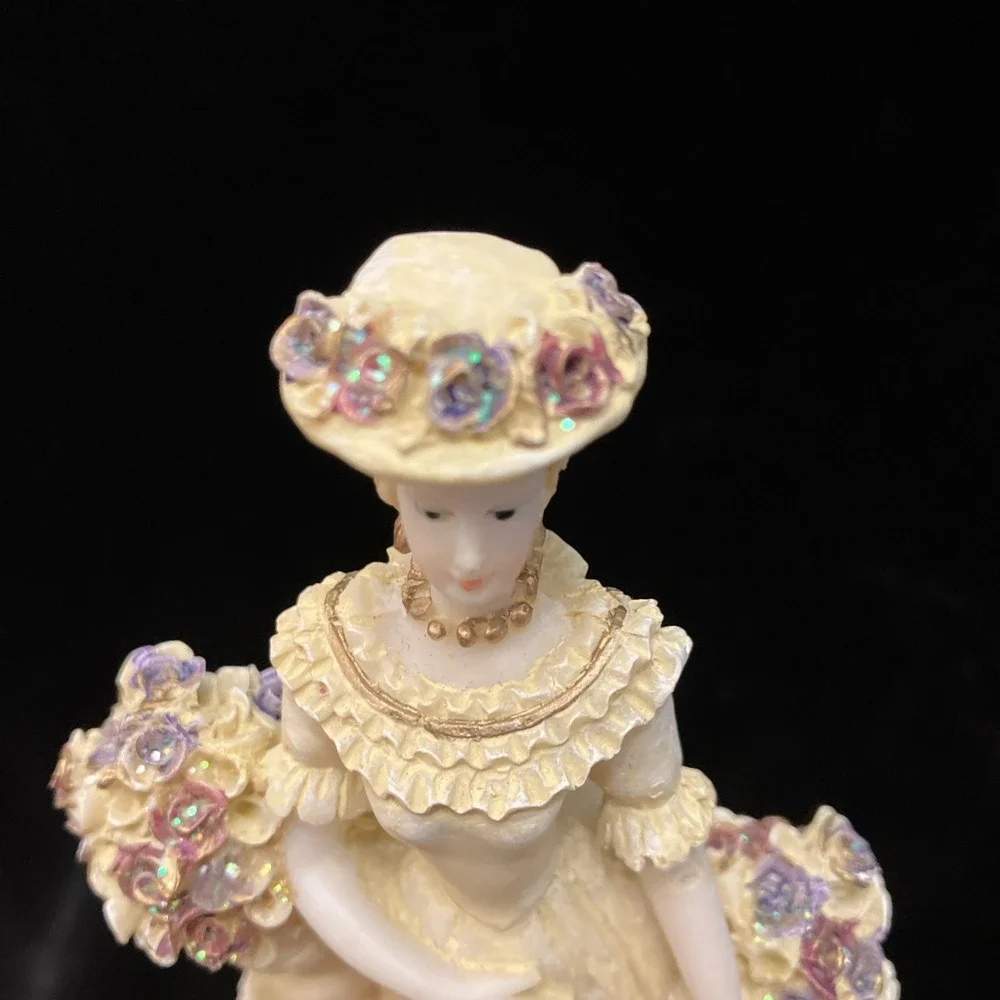 Vintage Victorian Woman w/ Basket of Shimmery Flowers Colonial Lady Figurine